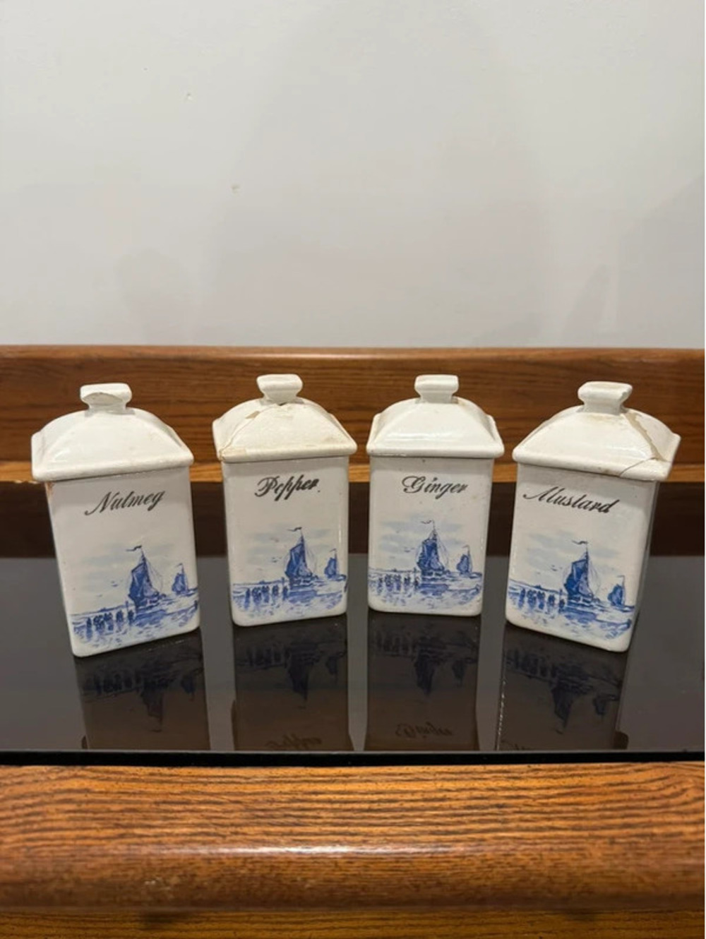 Antique German Delft Style Blue & White Sailboat Spice Jars Set of 4
